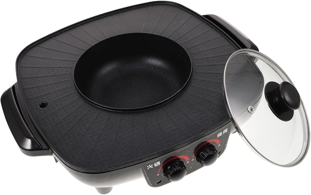 Electric Smokeless Hot Pot and Grill Combo with Non-stick Coating Versatile Cooking for Family and Friends Includes Toughened Lid Triangle Plug Black Color