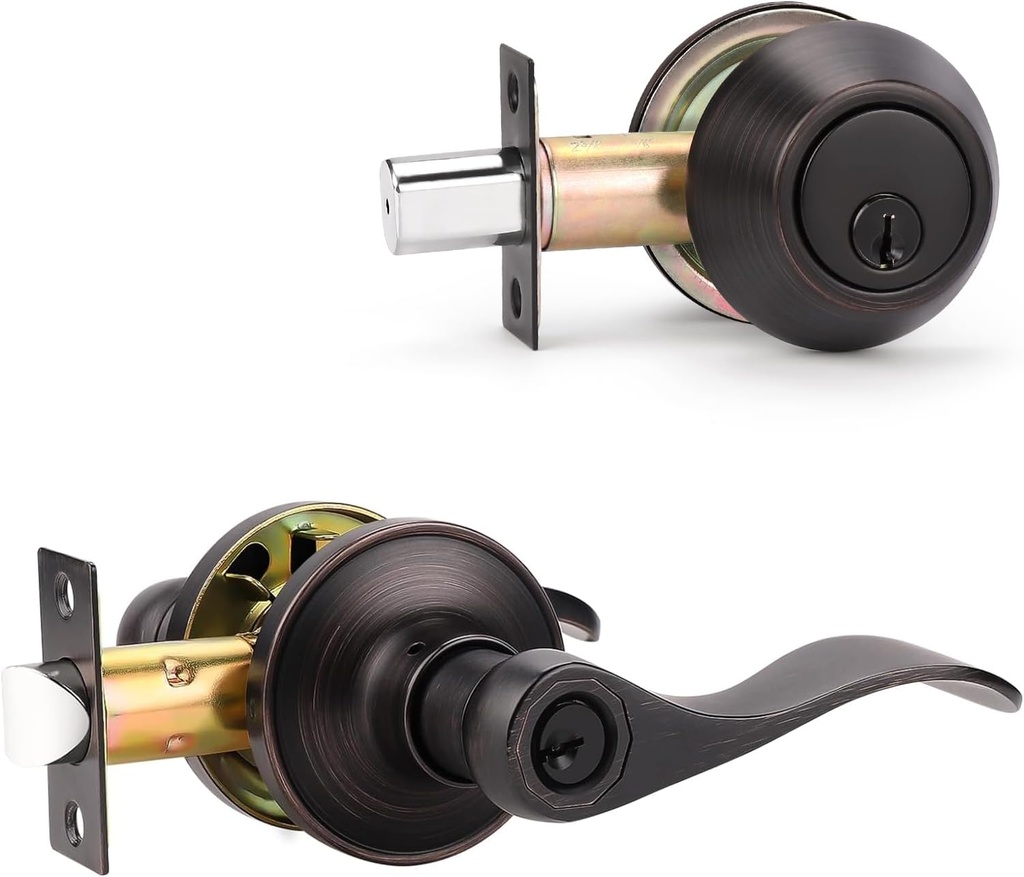 KNOBWELL 3 Pack Entrance Lever Door Handle Exterior Door Handle Single Cylinder deadbolt Set Keyed Alike Combo Locking Door Lever, Oil Rubbed Bronze