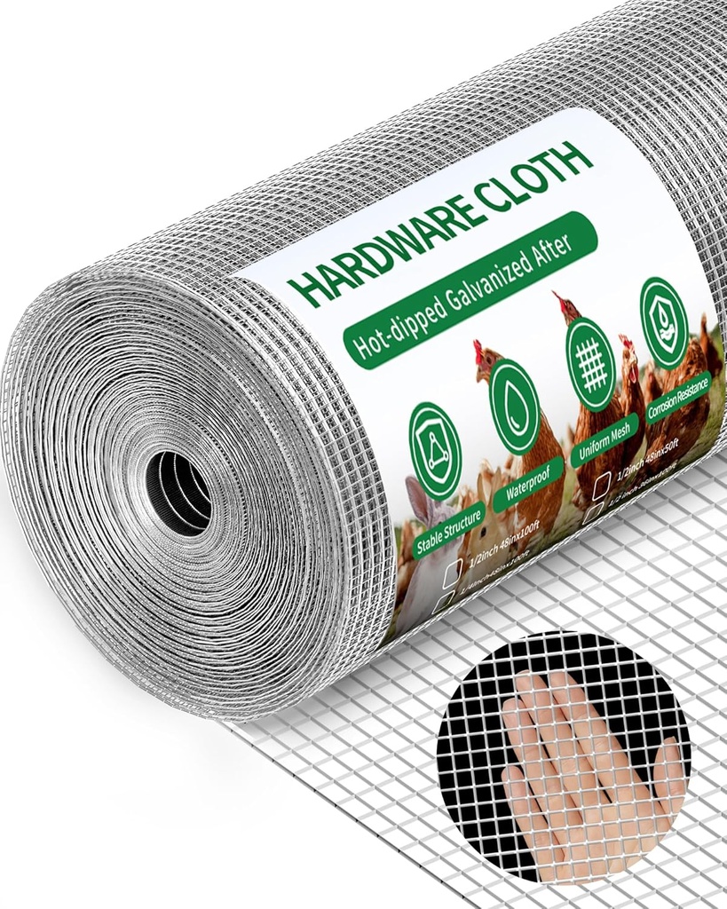 1/2" x 48" x 100FT Silver Hardware Cloth - Hot-Dip Galvanized Chicken Wire Fencing, 19 Gauge Welded Wire Mesh Roll for Chicken Coop, Rabbit, Snake, Deer Fencing and Garden/Tree Protection