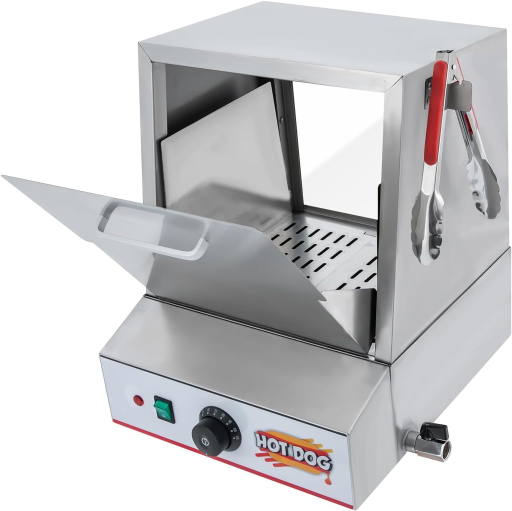 Hot Dog Steamer, 20L/ 5.28 gal, 30-110℃/86-230℉, Classic Hut Steamer for 96 Hot Dogs, 500W Electric Bun Warmer Cooker with Drop Down Door Acrylic Window Partition Plate Food Clip, Stainless Steel