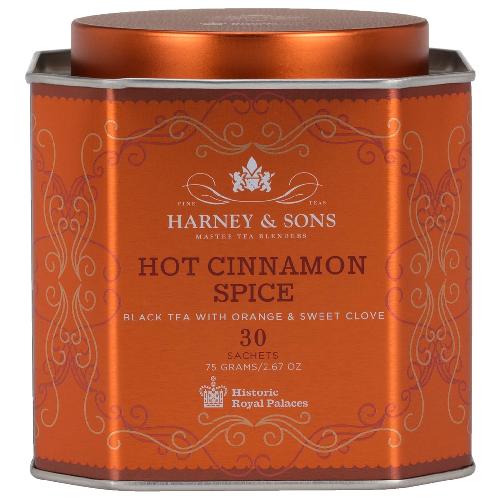 [BRSWIZD4BEEGKED4] Harney & Sons Hot Cinnamon Spice Tea Tin - Black Tea with Orange & Sweet Clove - 2.67 Ounces, 30 Sachets