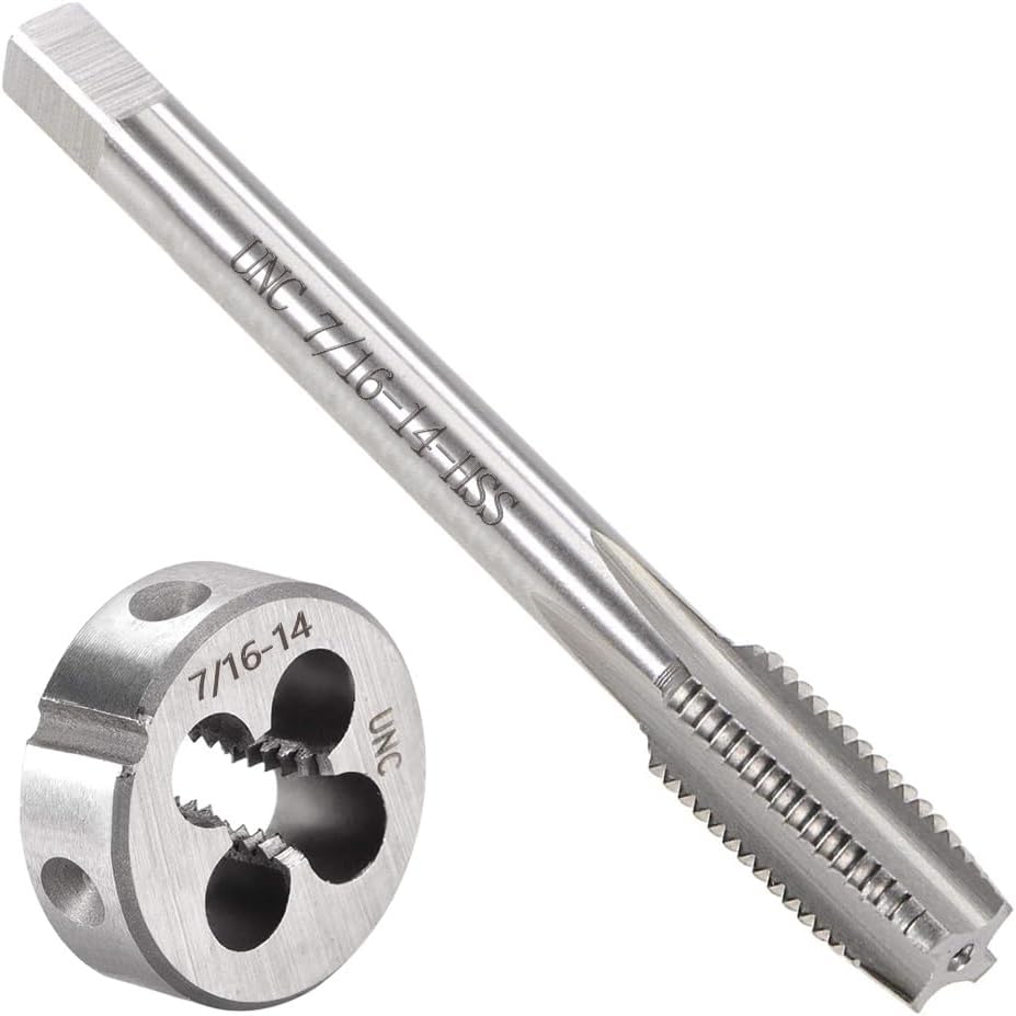 2pcs 7/16"-14 UNC Tap and Die Set, 7/16 x 14 UNC HSS Threading Tap Die Set, Straight Flute Machine Tap Alloy Tool Steel Round Thread Die Right Hand, Screw Tapping Threading Tool