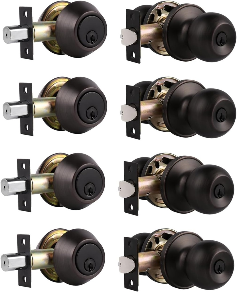 Probrico Door Knob with Double Cylinder Deadbolt, Oil Rubbed Bronze Door Entry Handle with Lock and Keys,Round Reversible Door Handle Set, Keyed Alike(4Pack)