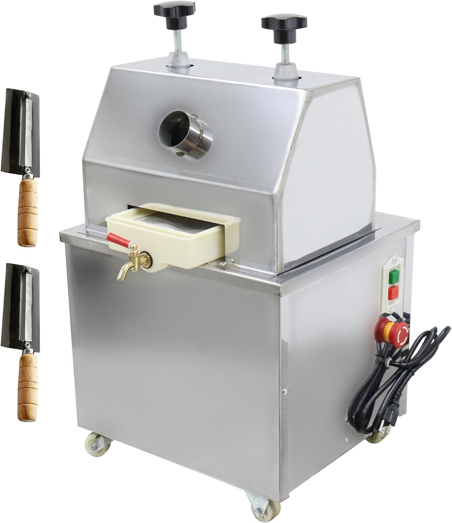 Sugar Cane Juicer Electric Sugarcane Juicer Machine Desktop Sugar Cane Press Juicer 3 Stainless Steel Rollers Sugarcane Juice Press Extractor 110V with Emergency Stop Switch and 2 Knives