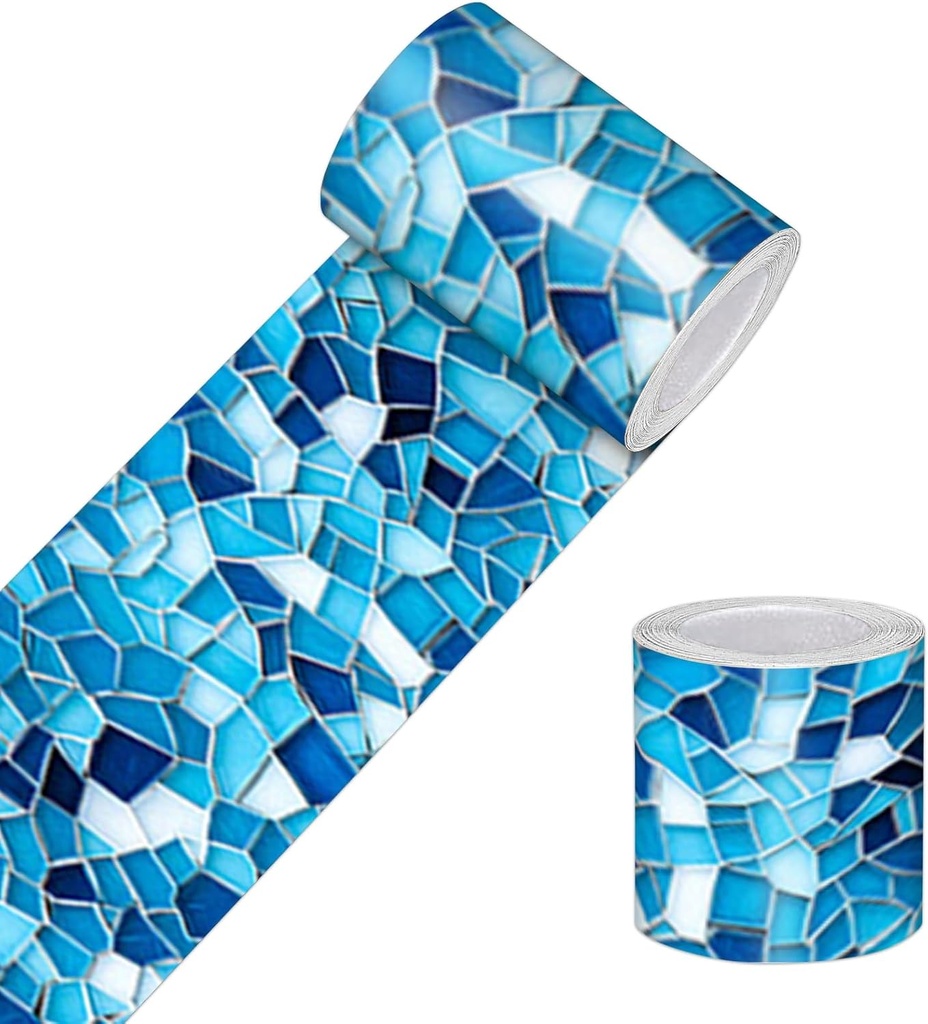 Wallpaper Border Peel and Stick Decorative Wall Trim Self Adhesive Mosaic Tile Accent Strip for Bathroom Kitchen Laundry Mirror Frame Sink Edge 4x196 in Blue Geometric Water Pattern Design