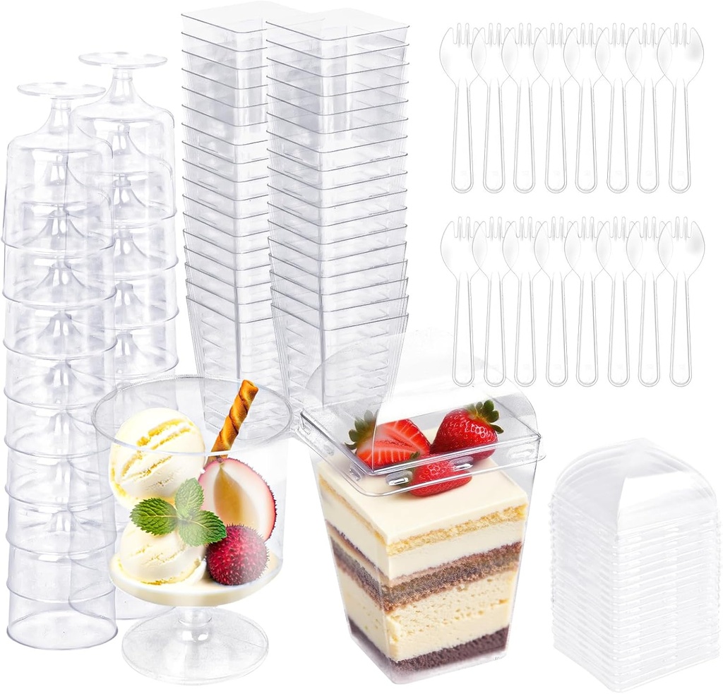 5 oz Dessert Cups with Lids and Spoons, 250 Pack Mini Transparent Appetizer Cups, Square Dessert Shooters Round Goblet Cups for Parfait Fruit Ice Cream Cake Pudding