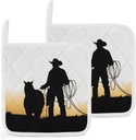 Pot Holders Set of 2 Heat Resistant Hot Pads Waterproof Thicken Kitchen Potholder Cowboy with Lasso Silhouette Oven Hot Pad Washable Pot Holder for Cooking Baking Microwave BBQ, White