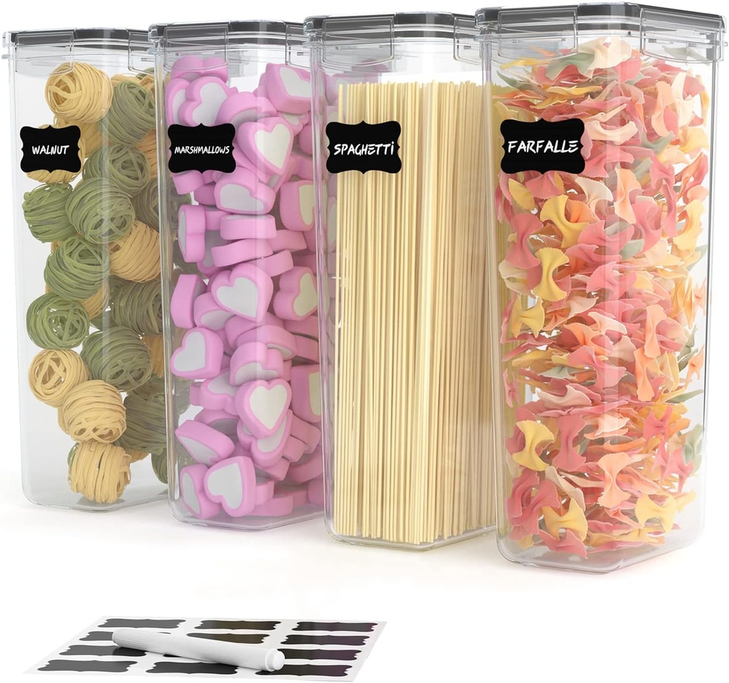 Pasta Containers, 4 Pk 2.8L Airtight Food Storage Containers, Spaghetti Containers for Pantry Organization and Storage, Kitchen Storage Containers for Noodles, Plastic Canisters with Durable Lids