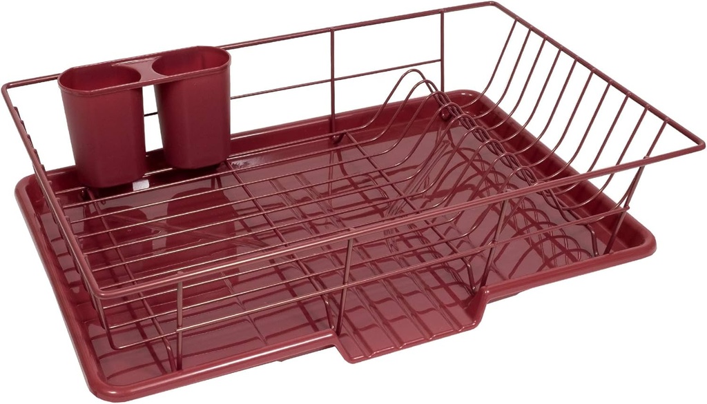 Sweet Home Collection 3 Piece Metal Dish Drainer Rack Set with Drying Board and Utensil Holder, 12" x 19" x 5", Burgundy