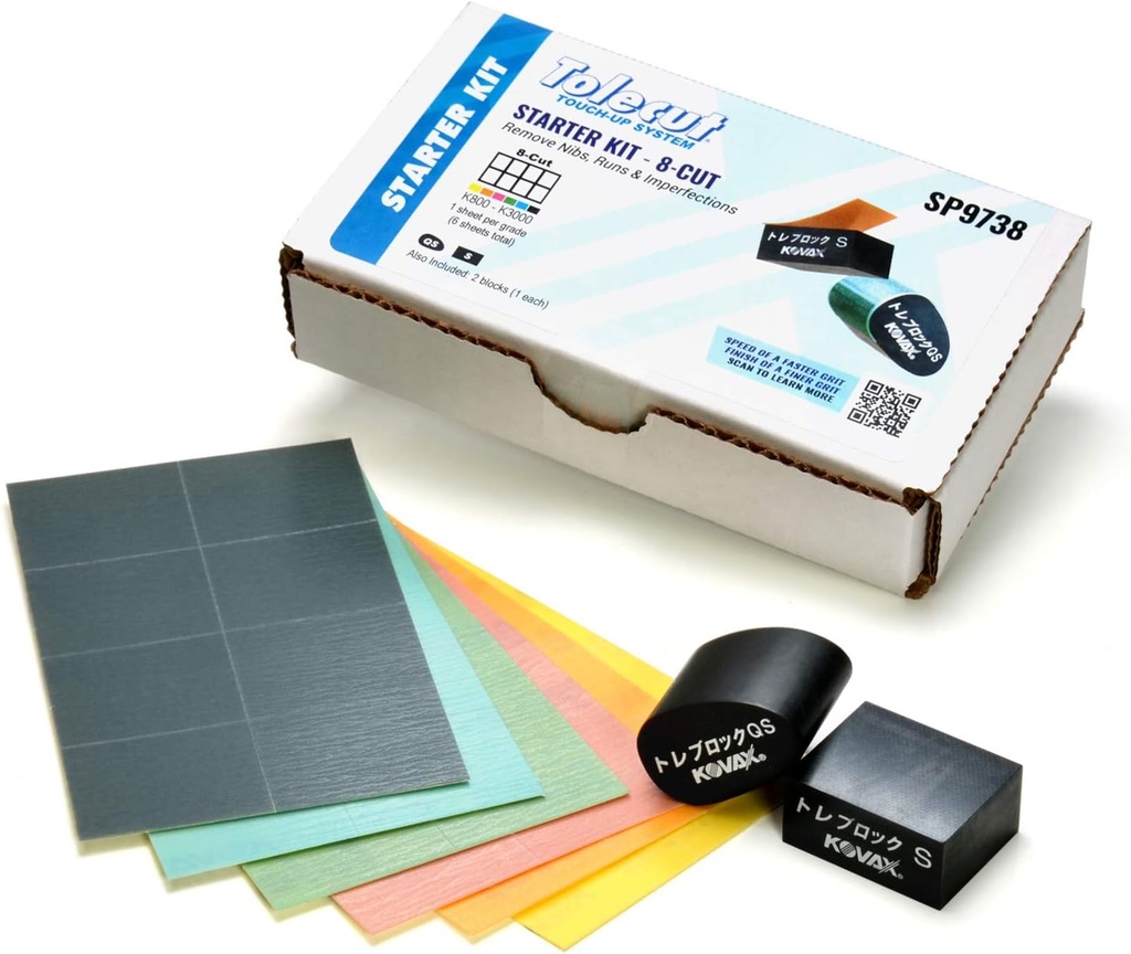 Tolecut Starter Kit - 8-Cut, PSA Sanding Sheets for Nibs, Runs and Imperfections, SP9738, K800 - K3000, 6 Sheets + 2 Toleblocks