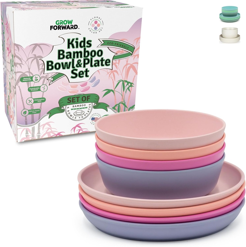 Grow Forward Bamboo Kids Plates and Bowls Sets - 8-Piece Dishwasher Safe Non Toxic Plates for Kids - Reusable Eco Friendly BPA Free Dishes Dinnerware Sets for Children - Floral