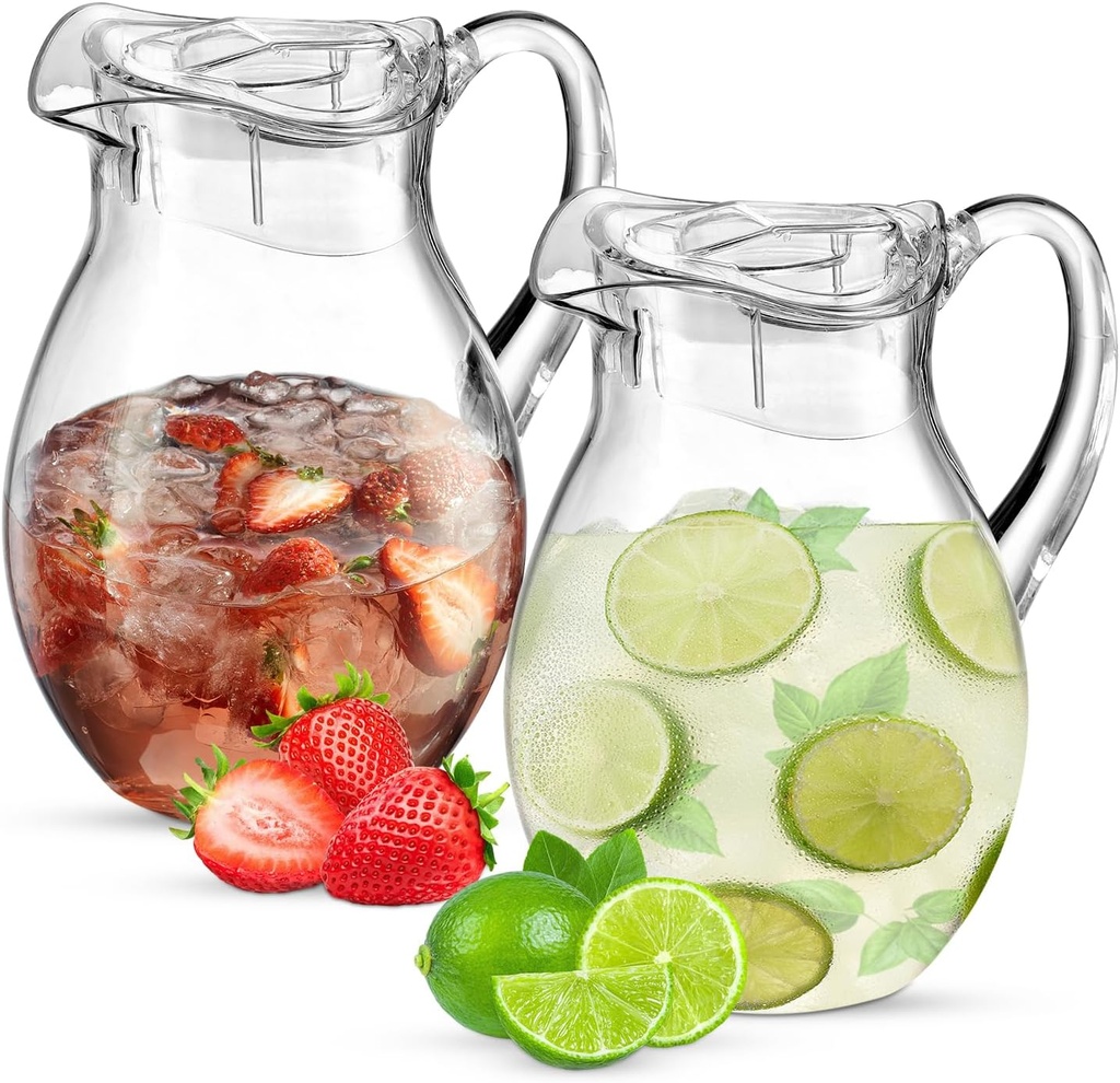2-Pack Plastic Pitcher (72 oz), Clear Acrylic Water Pitcher with Lid, Fridge Jug, BPA-Free, Shatter-Proof, Great for Iced Tea, Sangria, Lemonade, Juice, Milk, and More