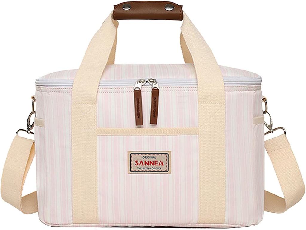 Lisianthus Women Large Insulated Lunch Bag for Picnic Beach or Travel, 14L Leakproof Cooler Bag Pink Stripe