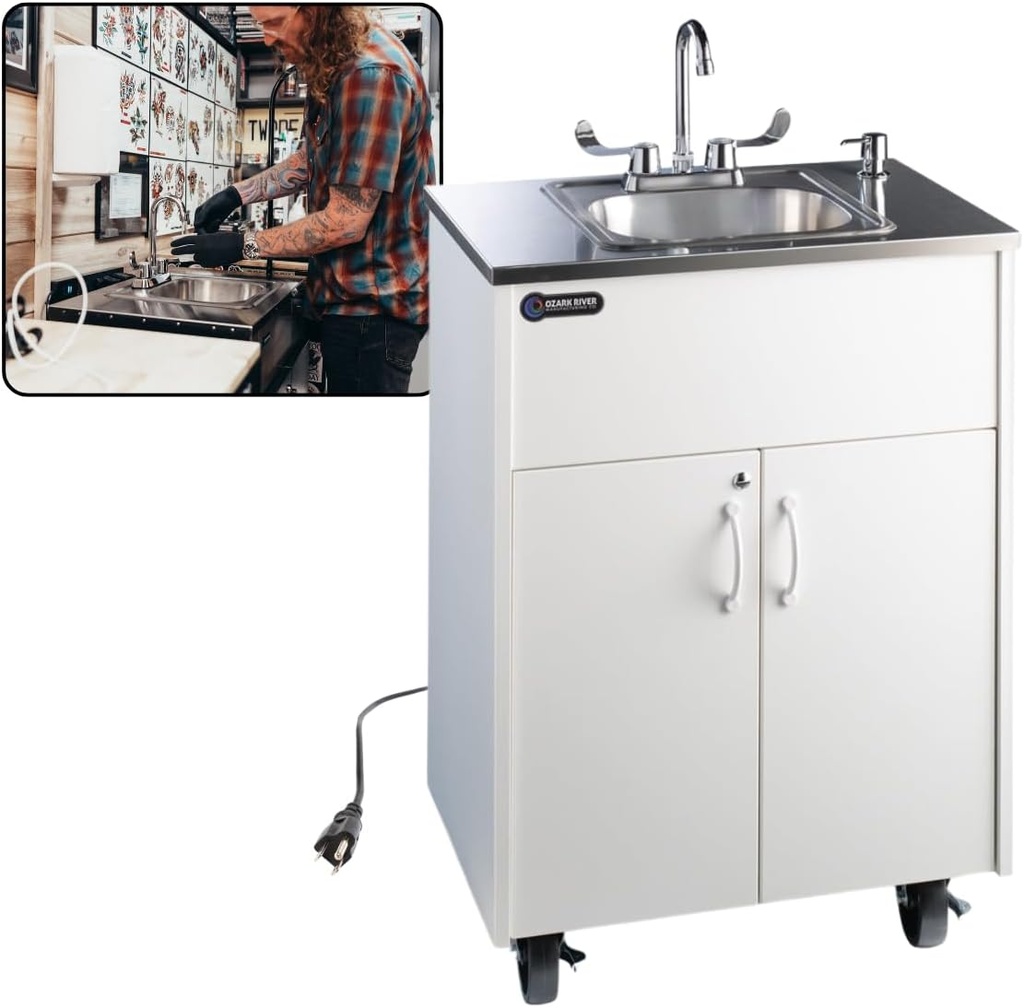 Ozark River Portable Sinks Premier S1, White Laminate/Stainless Sink Basin, Self Contained Sink, Hand Washing Station, Portable Sink with Hot Water, Portable Sink Hand Wash Station