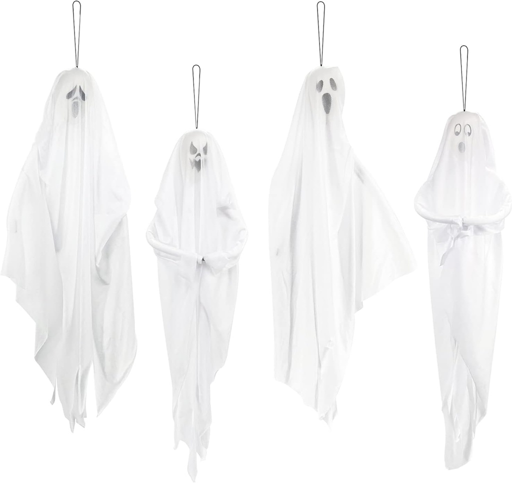 4 Pack 28" Halloween Hanging Ghosts for Halloween Party Decorations, Cute Flying Ghost for Front Yard Patio Lawn Garden Outdoor Tree Décor and Holiday Porch Haunted House Indoor Decoration