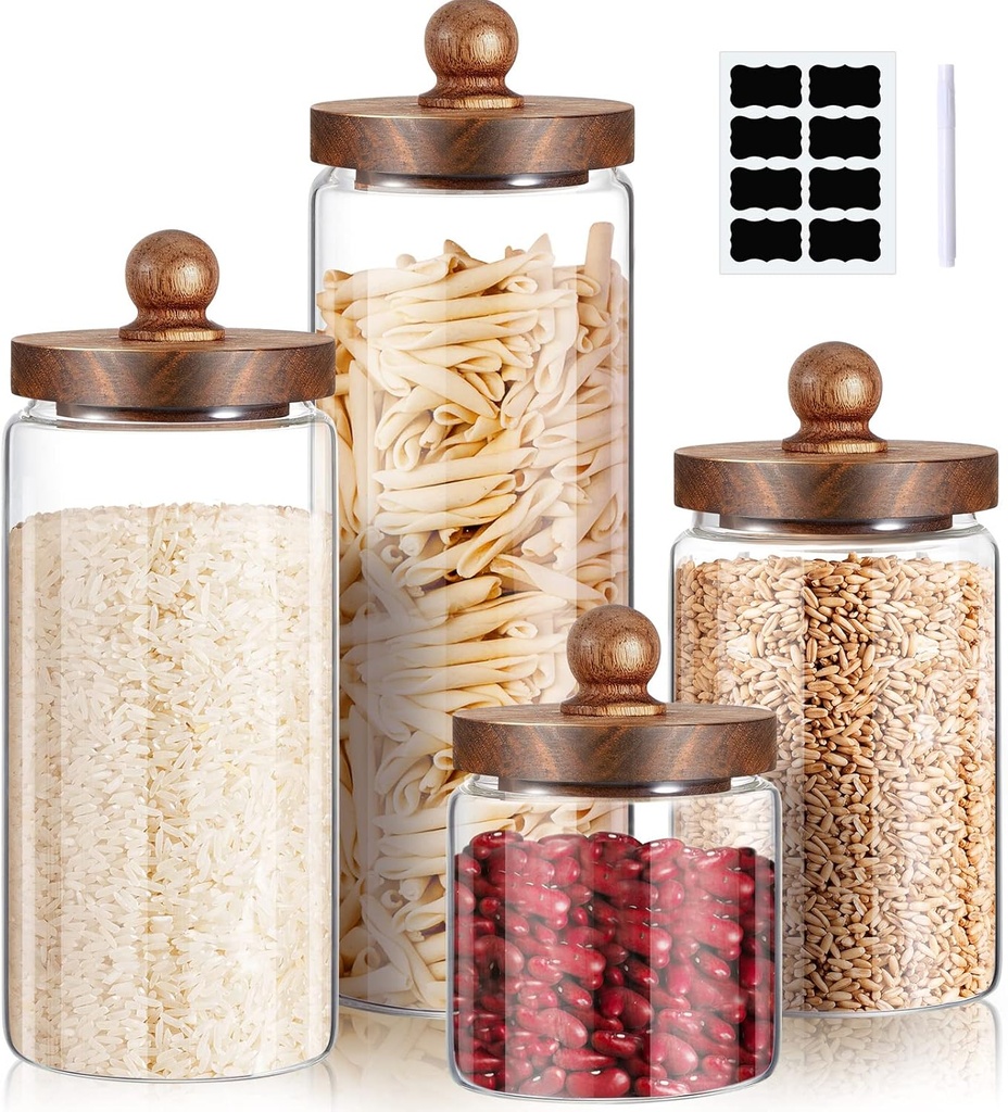 Gerrii Glass Storage Jars Set of 4, Clear Food Storage Containers with Wooden Lids Airtight Kitchen Canisters with Sticker and Chalk for Candy Cookie Rice Sugar Flour Pasta Nuts Beans Spice, 4 Sizes