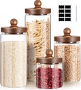 Gerrii Glass Storage Jars Set of 4, Clear Food Storage Containers with Wooden Lids Airtight Kitchen Canisters with Sticker and Chalk for Candy Cookie Rice Sugar Flour Pasta Nuts Beans Spice, 4 Sizes