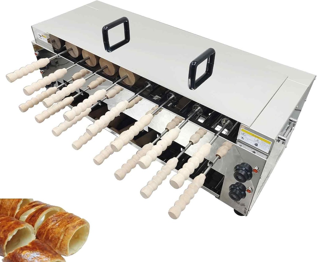 220V Commercial Double-Layer Chimney Cake Maker Oven Machine, 6000W Ice Cream Cone Roll Grill with 16Pcs Stainless Steel Roll Elements, 16 Seats, for Dessert Shops Bakeries Coffee Shops