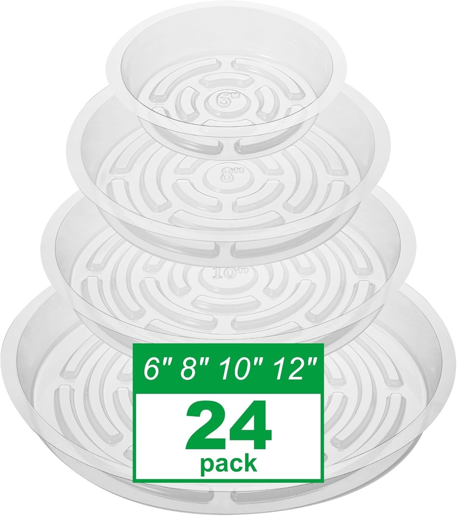 CATIFLIN 24 Pack Clear Plant Saucers - 6, 8, 10, 12 Inch Plastic Plant Trays for Pots, Flower Pot Saucers, Indoor & Outdoor Planter Drip Tray for Water Drainage & Protection