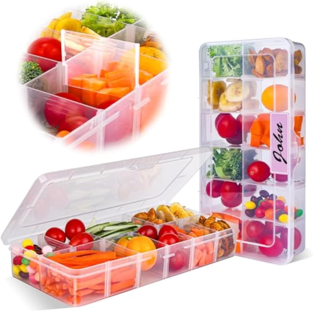 AIERSA Snack Box Container for Adults-12 Compartments,Adjustable Divided Snackle Box,Bento Box Accessories with 60 Labels,Snack Boxes for Travel,Work,Clear (2 Pack)