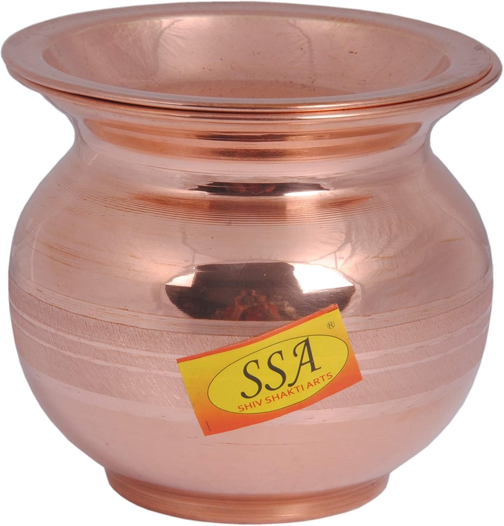 SHIV SHAKTI ARTS Handmade Pure Copper Kalash/Lota Silver Touch Design with Lid Volume=700 ML Each for Diwali, Pooja, Festival-Home Decoration::Set of 1