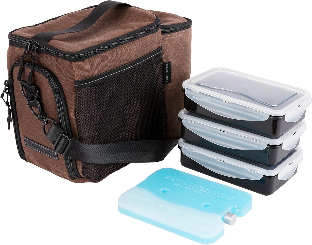 EVOLUTIONIZE Meal Prep Bag - Full Meal Prep Lunch Box Management System includes Portion Control Meal Prep Containers + Ice Pack (3 Meal Insulated Cooler Bag, Black) (3 Meal, Brown (Waxed Canvas))
