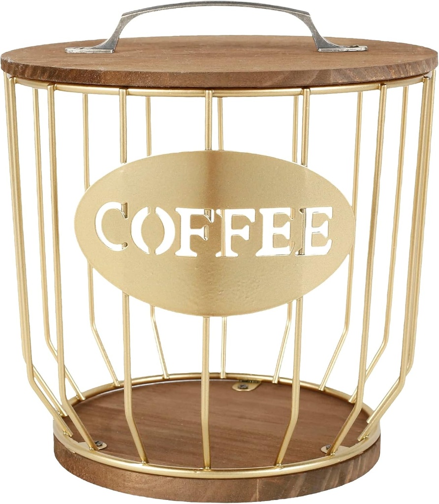 Coffee Pod Holder Vintage Coffee Capsule Basket with Wooden Base Mug Shaped Black Wire Coffee Pod Organizer Reusable Coffee Capsule Storage Espresso Capsules Container for Home Countertop D