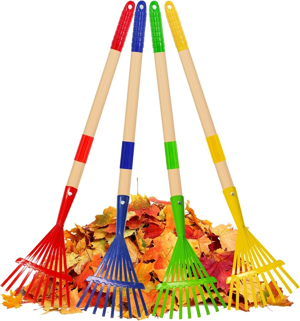 4Pcs Kids Rakes for Leaves 28" Metal Kids Garden Rake with Hardwood Handle & Soft Foam Grip, Cute and Lightweight Leaf Rake Kid Gardening Tools for Boys Girls Gifts Age 3 Year Old and Up