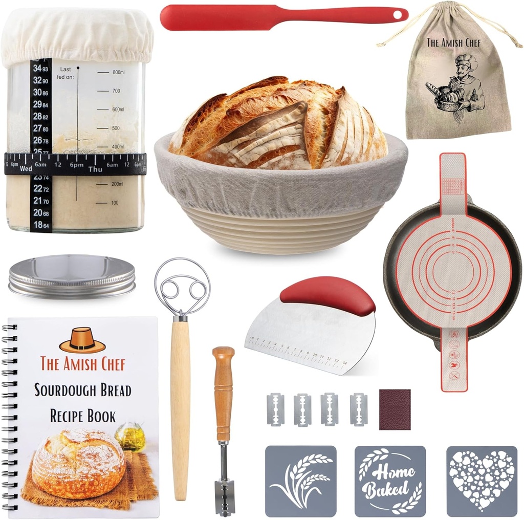 Complete Sourdough Bread Starter Kit, Glass Sourdough Starter Jar Kit & Tons of Sourdough Baking Supplies - Sourdough Starter Kit Includes Sourdough Jar, Banneton Bread Proofing Basket & More