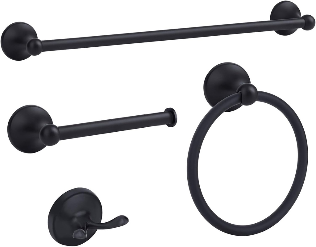 4 Pieces Matte Black Bathroom Hardware Set,Wall Mounted 23.6 inch Towel Bar Set Matte Black,Towel Rack Set,Toilet Paper Holder,Matte Black Bathroom Accessories Set, YM0254-B