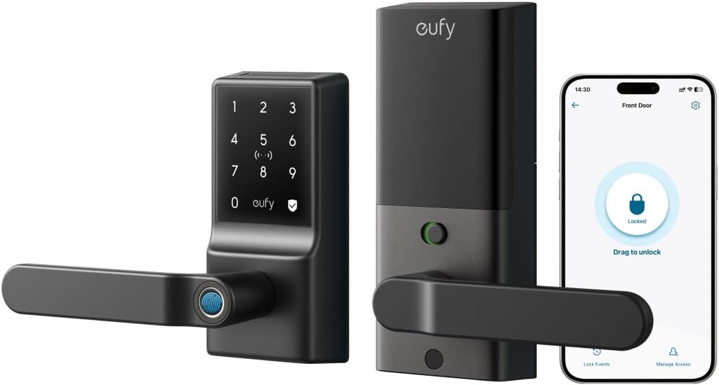 eufy Smart Lock C33, Keypad Door Lock with Handle, Fingerprint Door Knob, Keyless Entry Door Lock for Front Door and Bedrooms, Electronic Deadbolt, Wi-Fi, Remote App Control, IP53 Waterproof, Black