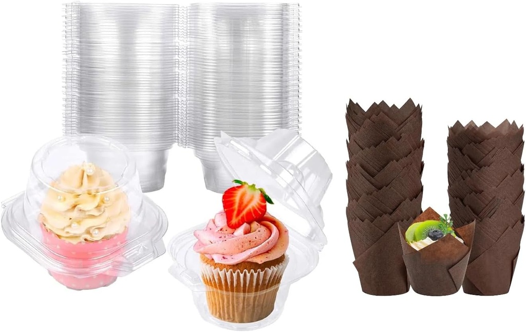 Bundle of 100 Pack Cupcake Containers and 200 Pcs Brown Tulip Cupcake Liners for Baking Muffin Liners
