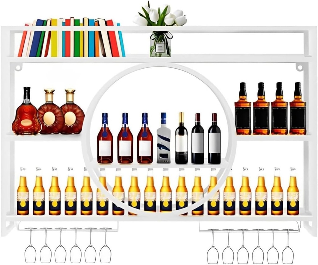 Iron Wall Wine Rack with LED Light- Display Shelf with Wine Glass Holder | Multifunctional Hanging Wine Holder | Metal Wall Mounted Wine Rack |for Dining Room, Bar and Wine Cellar(White,39.3in/100cm)