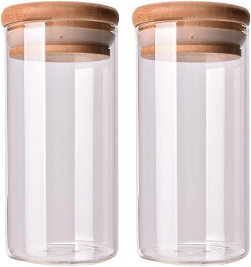 QUUPY 2 PCS Clear Glass Canister Food Storage Jar With Airtight Wood Lids Air Tight Storage Containers for Coffee Bean Loose Leaf Tea Containers Sugar Dry Fruit Nuts Candy Jars size 350ML/11.7oz