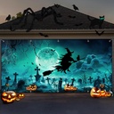Halloween Garage Door Cover Decorations 7x16FT Large Witch Backdrop Banner Photo Graveyard Pumpkin Skull Black Cat for Home Party Outdoor Yard Holiday Wall Decorations