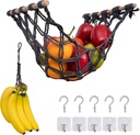 (Grey) Macrame Fruit and Veggie Produce Hammock for Kitchen Under Cabinet - Space Saving Organization and Storage Basket with Banana Holder Including Hooks