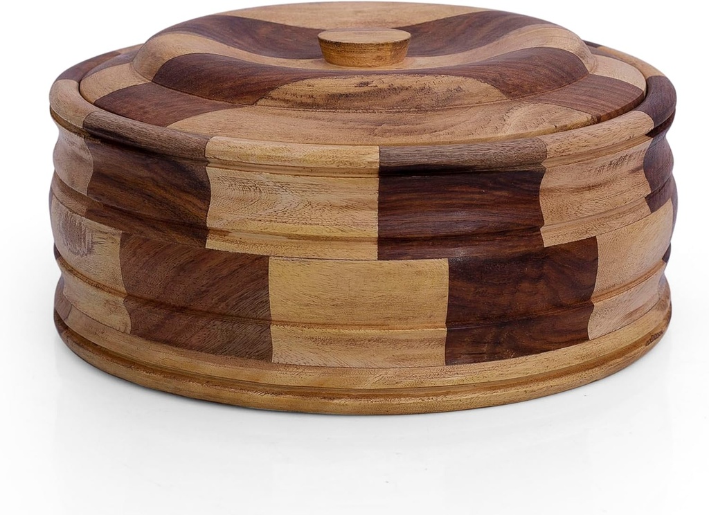 Handcrafted Wooden Chapati Holder Indian Chapati Roti Bread Holder Box Pancake Keeper Serveware Hot Pot Casserole Dish With Lid Home Kitchen Dining Decor, Natural Brown, 9 x 3.5 Inches