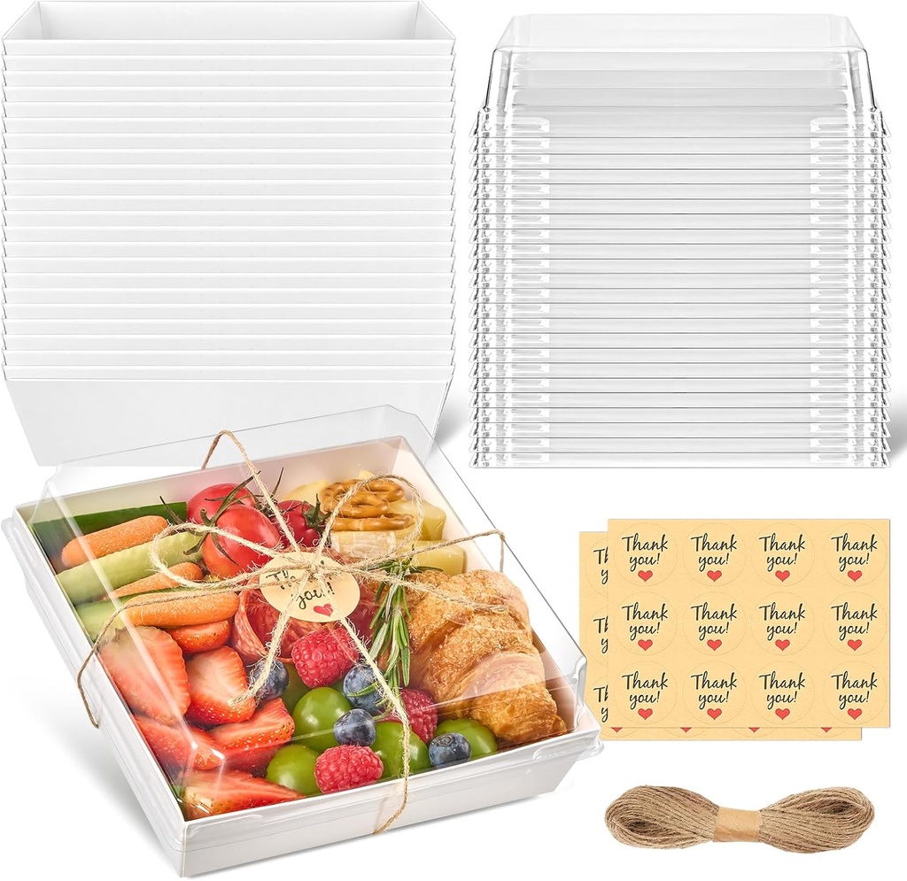 7 x 7 Inch Large Charcuterie Boxes with Clear Lids, 20 Pack Disposable Square Bakery Boxes To Go Food Containers for Charcuterie, Cake Slices, Desserts, Strawberries, Cookies (White)