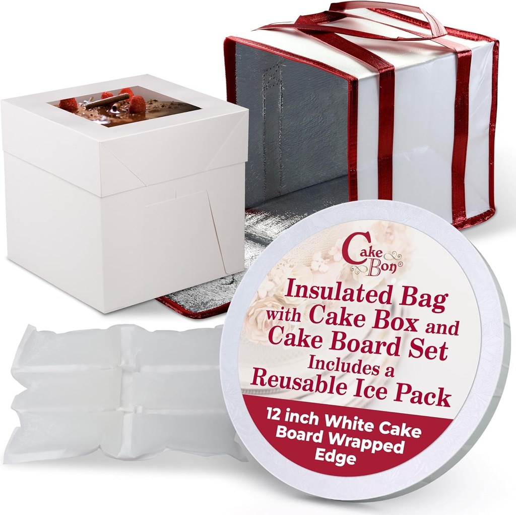 Cakebon Cake Box and Boards, 12-Inch Round White Wrapped Edges 1/2- Inch Thick Drums with Insulated Bag and Ice Pack – Cake Transport Set, Cooler for Cake Delivery and Transport (1pc Each, 4pcs Total)