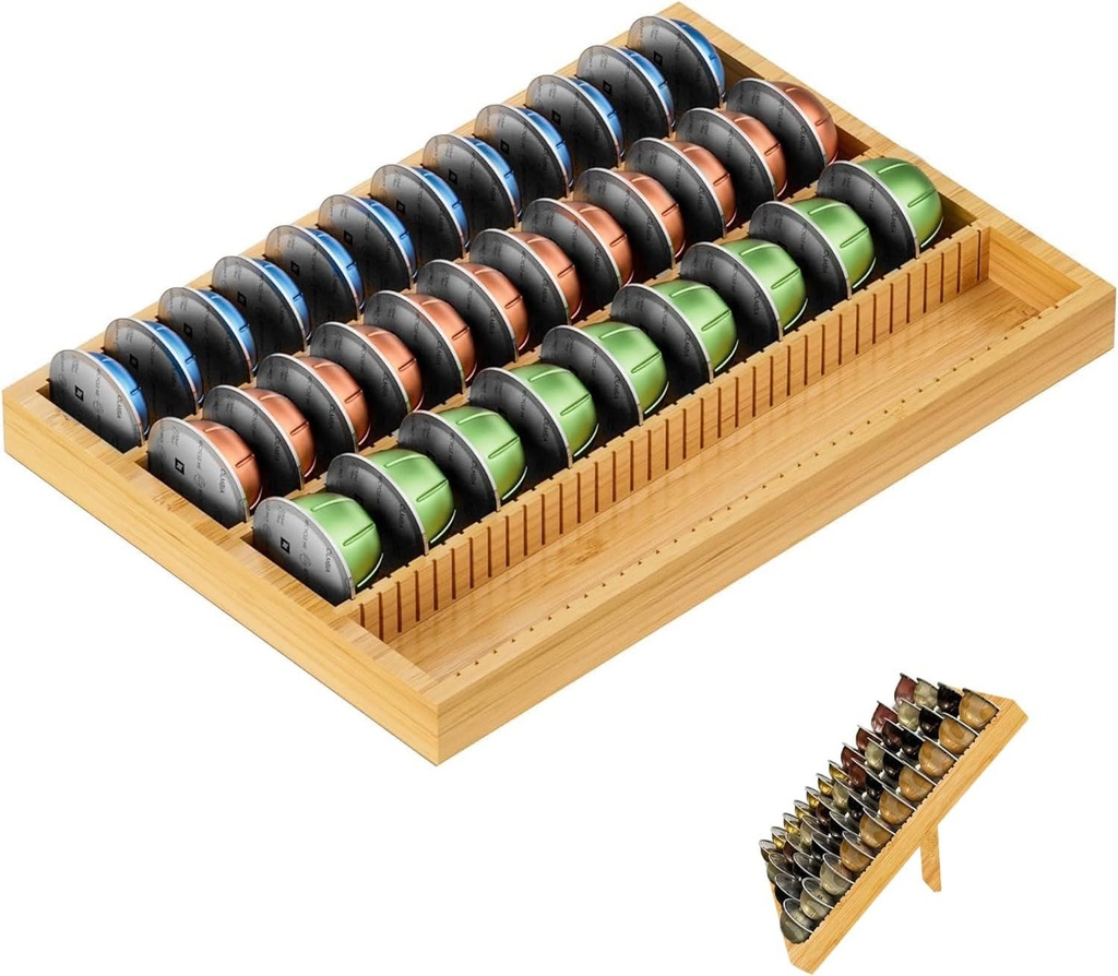 Bamboo Coffee Pod Storage Holder for Drawer Coffee Pods Organizer for Counter, Compatible with Capsules for Kitchen Coffee Station (Bamboo)