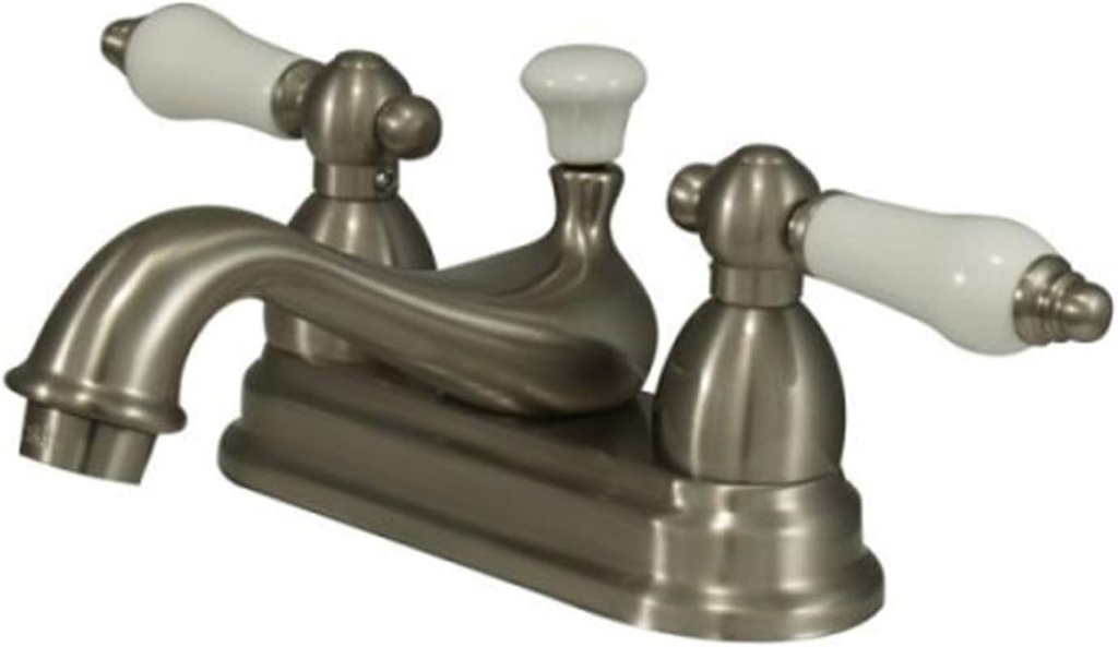 Kingston Brass KS3608PL Restoration 4-Inch Centerset Lavatory Faucet with Porcelain Lever Handle, Brushed Nickel