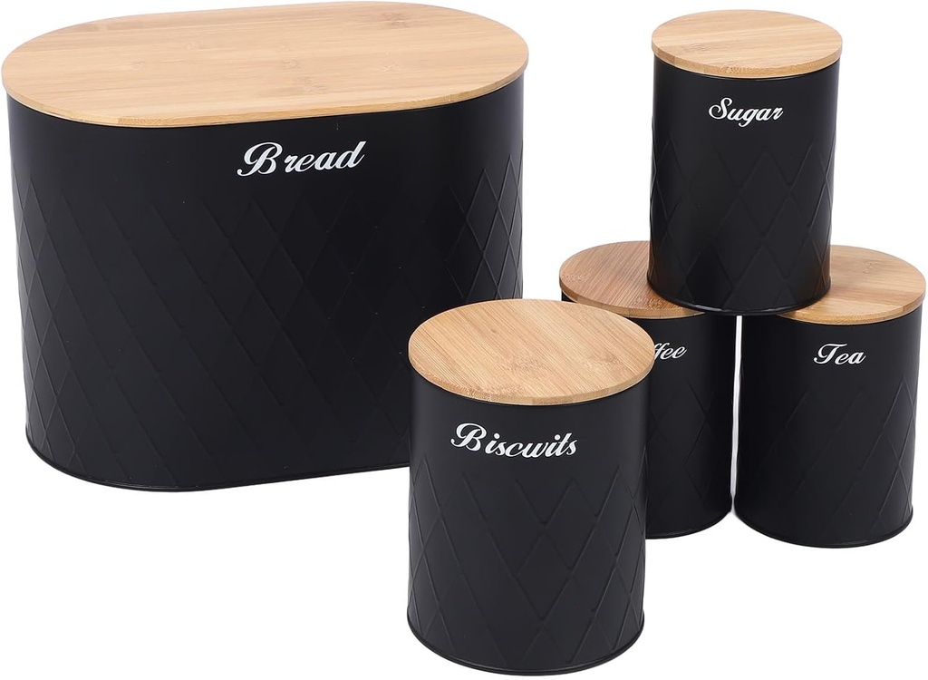 Bread Box for Kitchen Countertop, Metal Bread Box with Set of 4 Kitchen Containers, Airtight Coffee Tea Sugar Container with Lid for Confectionery