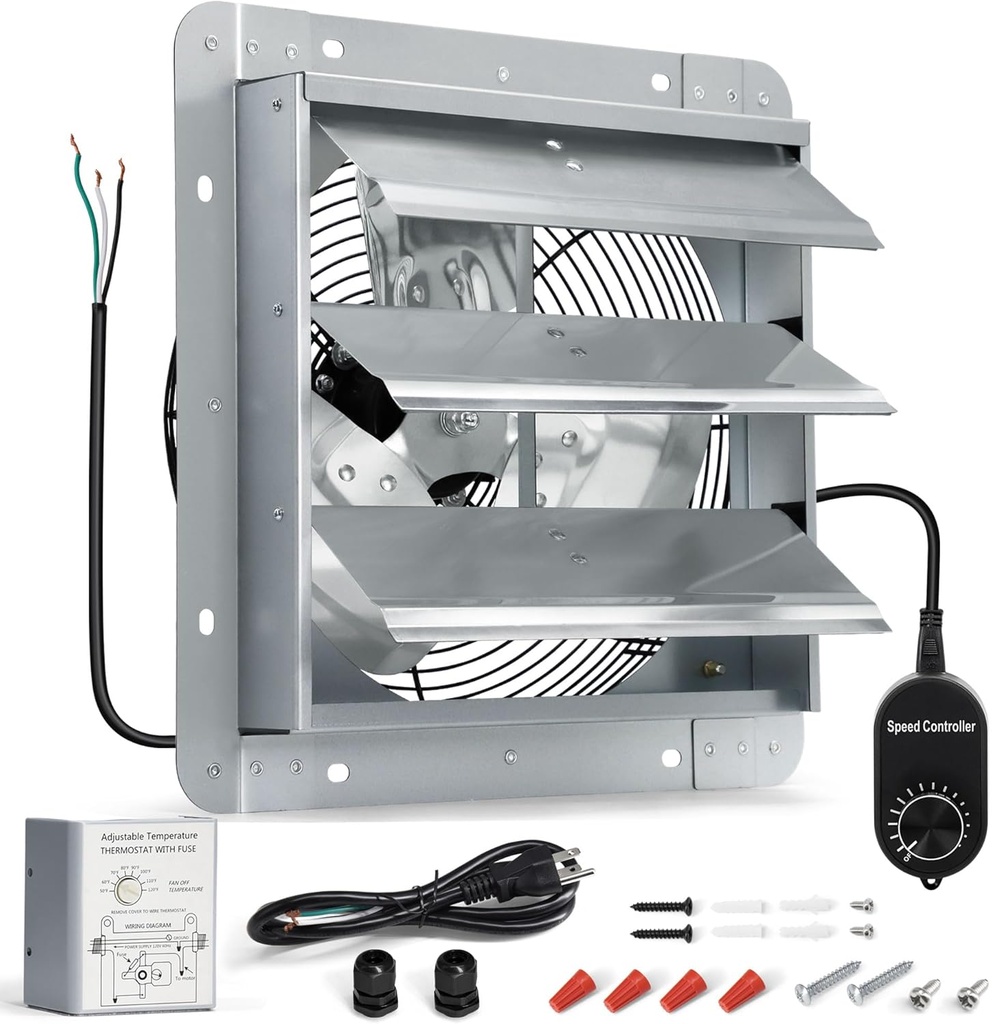 14 Inch Shutter Exhaust Fan, High Power Wall Mount Attic Fan with Thermostat and Speed Controller for Greenhouses, Sheds, Garages, Chicken Coops, Barns Ventilation, 1088 CFM