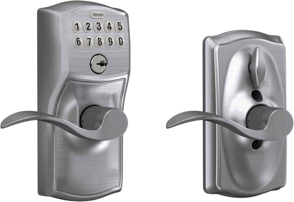 SCHLAGE FE595 CAM 626 ACC Camelot Keypad Entry with Flex-Lock and Accent Levers, Brushed Chrome