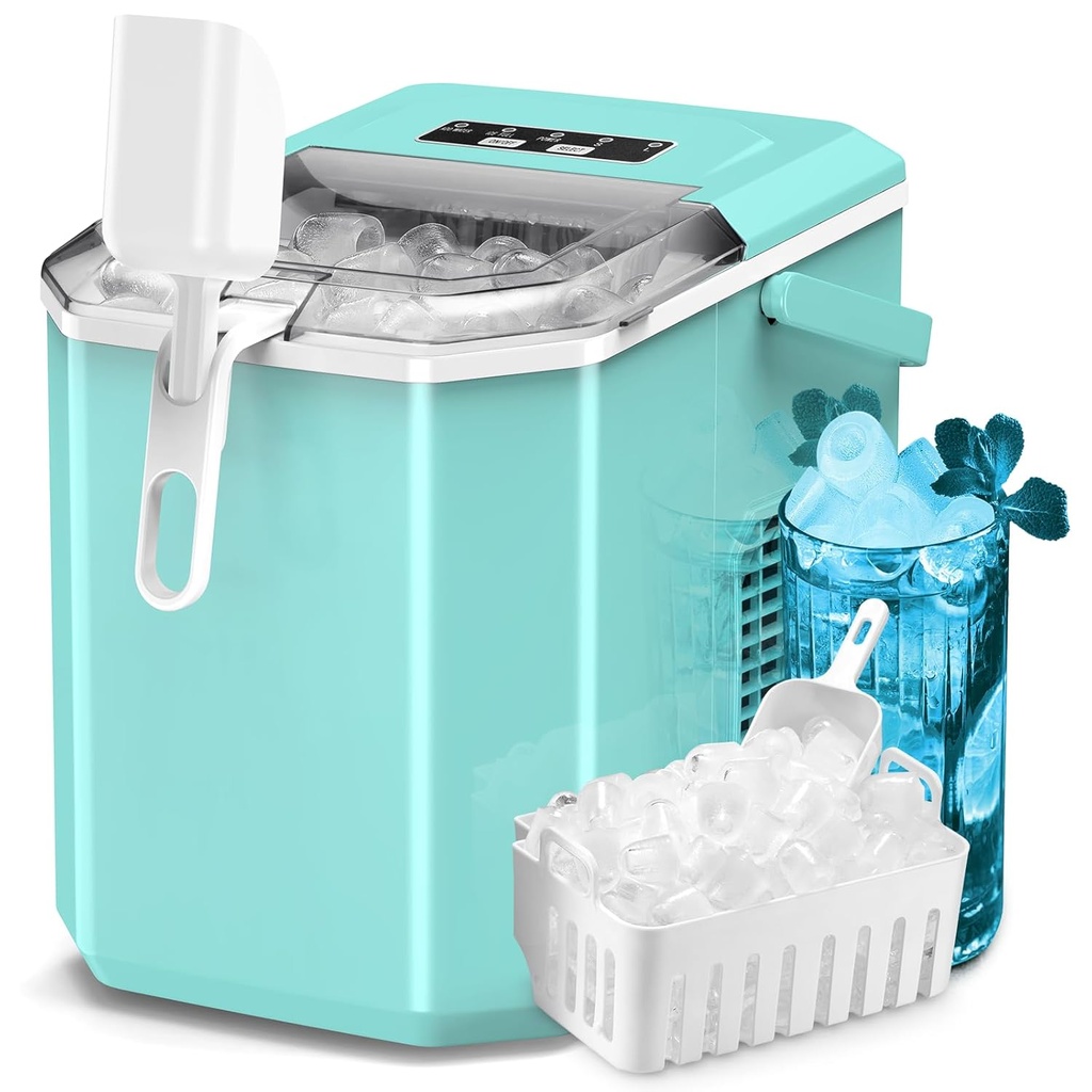 ZAFRO Countertop Ice Maker, 26.5Lbs/24H, 9 Bullet Cubes in 6 Mins, Self-Cleaning Portable Ice Machine with 2 Ice Sizes (S/L), Quiet Compact Design, Double Handles, for Home, Party, RV, Camping, Green