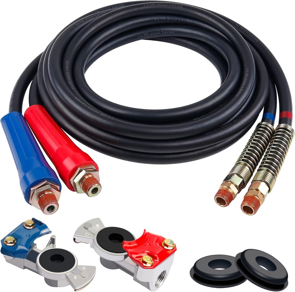 Air Line Hose Assembly, 15FT Rubber Air Hose With Grip, Galdhand and Gladhand Seals, Heavy Duty Air Lines for Tractor Trailer - (Set of 2)
