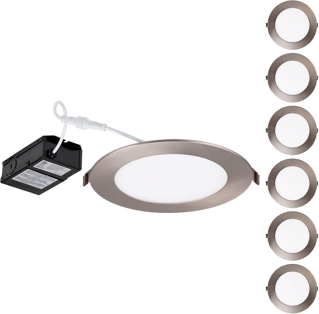 TORCHSTAR E-Lite Series 6 Inch Slim Recessed Lighting with J-Box, 13.5W Ultra-Thin LED Recessed Light, Dimmable Canless Downlight, ETL&ES Listed, CRI90, 3000K Warm White, Satin Nickel, Pack of 6