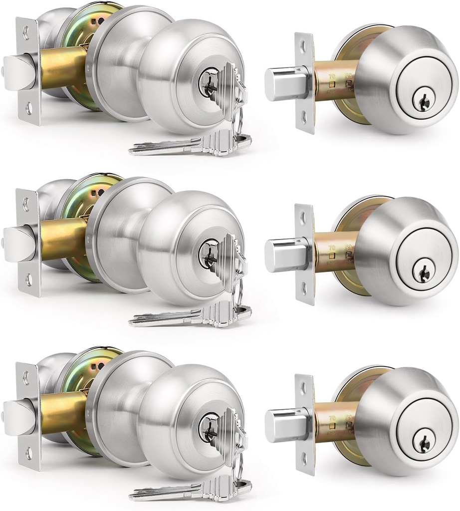 3 Pack Keyed Alike Front Door Knob and Deadbolt Set, Entry Door Locksets with Single Cylinder Deadbolt, Satin Nickel Flat Round Door Lock Set for Bedroom/Office/Exterior Doors