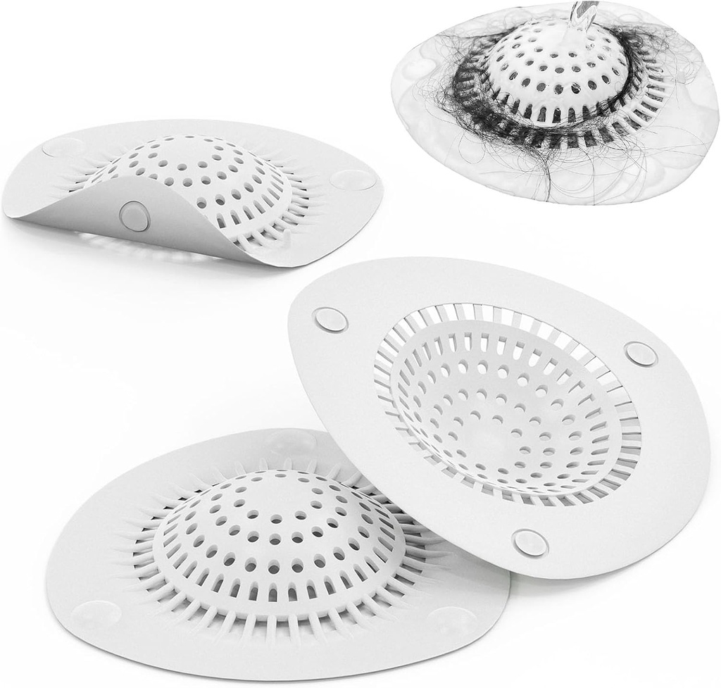 Hair Catcher Shower Drain Cover Bathtub Silicone Hair Catcher Stopper Drain Strainers,Home Protectors with Sucker Water Trap Sink Cover for Kitchen Sink Bathroom Tub 3 Pack (White)