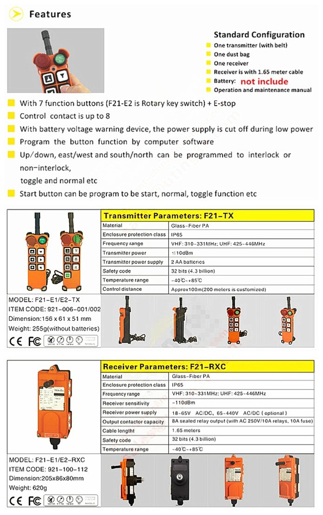 Industrial Wireless Remote Control F21-E2 AC/DC65V-440V(1 Transmitter + 1 Receiver)